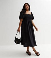 New Look Curves Black Shirred Square Neck Midi Dress